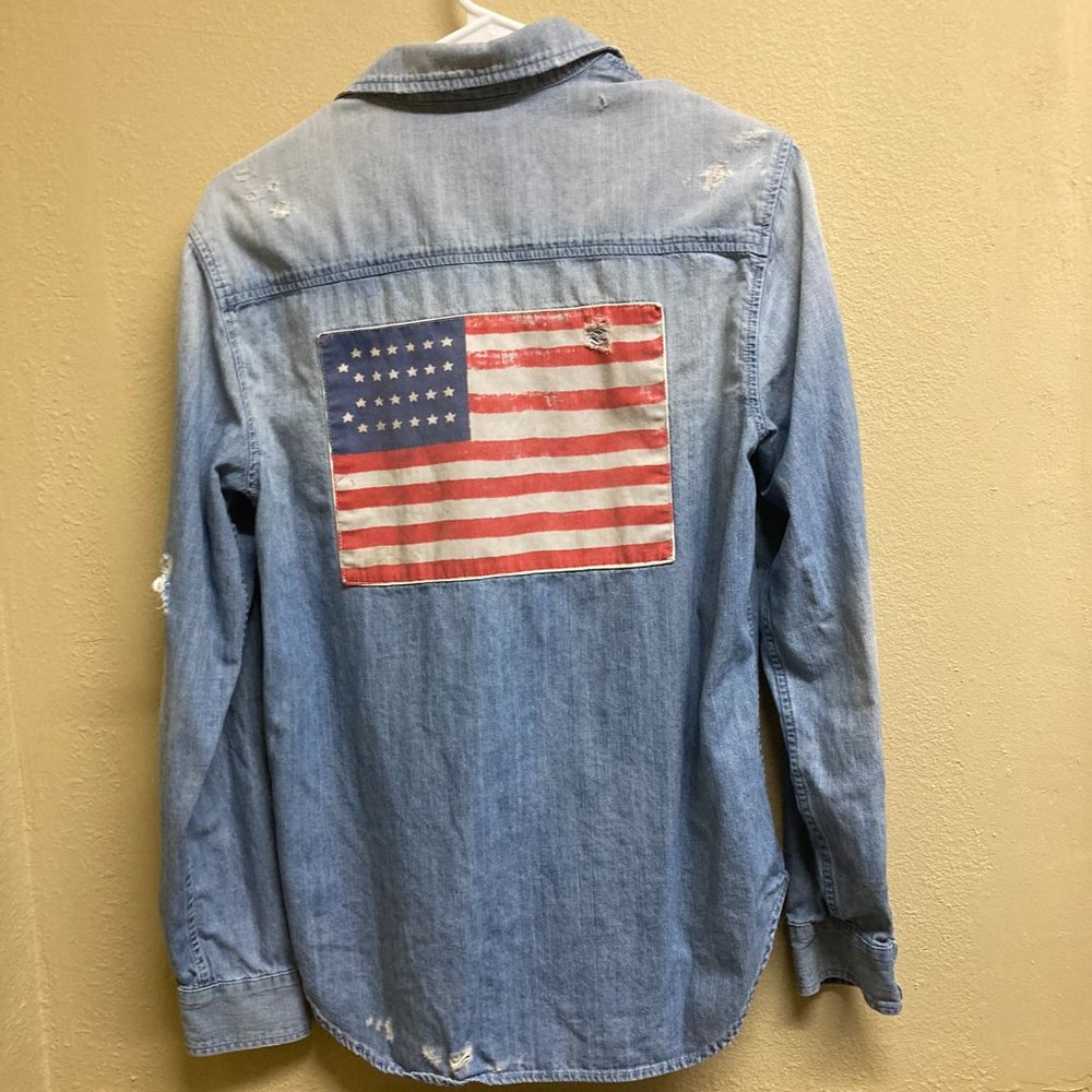 Mother "The Frenchie" Distressed Jean Shirt with American Flag on back